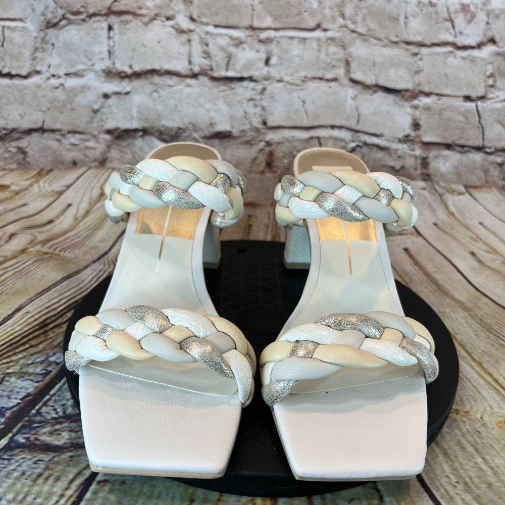 Dolce Vita Braided White Ivory Silver Strap Open Square Toe Block Heels Size 9.5 - Picture 2 of 8